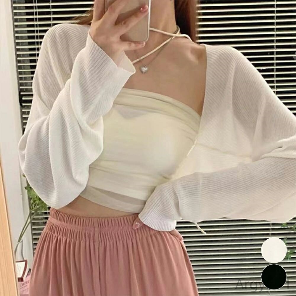 【送料無料】カジュアル サマーニット 紫外線対策 夏トップス 冷感タッチ リブニットカーディガン クロップド丈 レディース