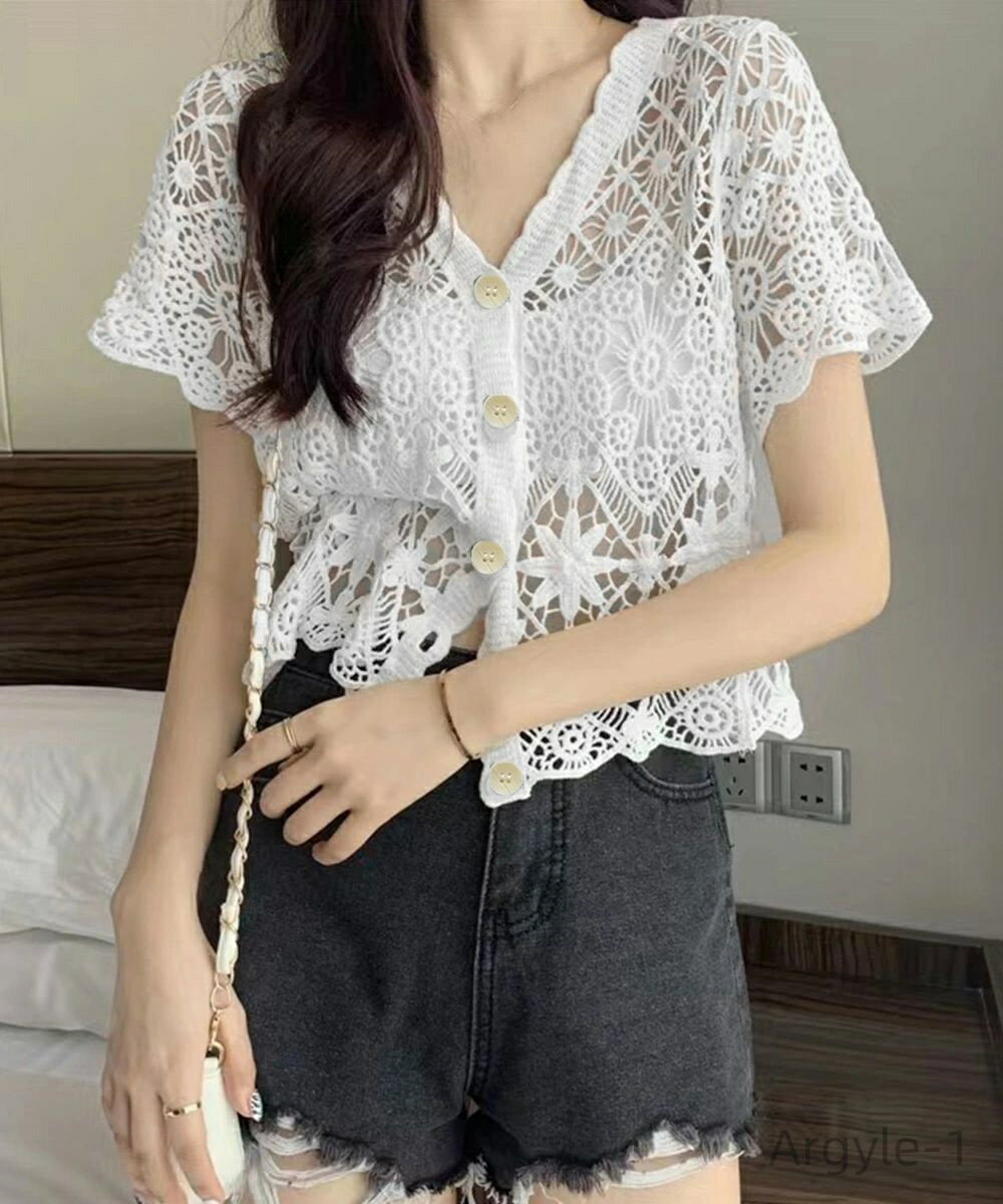 【送料無料】サマーニットトップス Vネック 薄手 透かしトップス 韓国風 かわいい レディース サマーカーディガン かぎ針編み