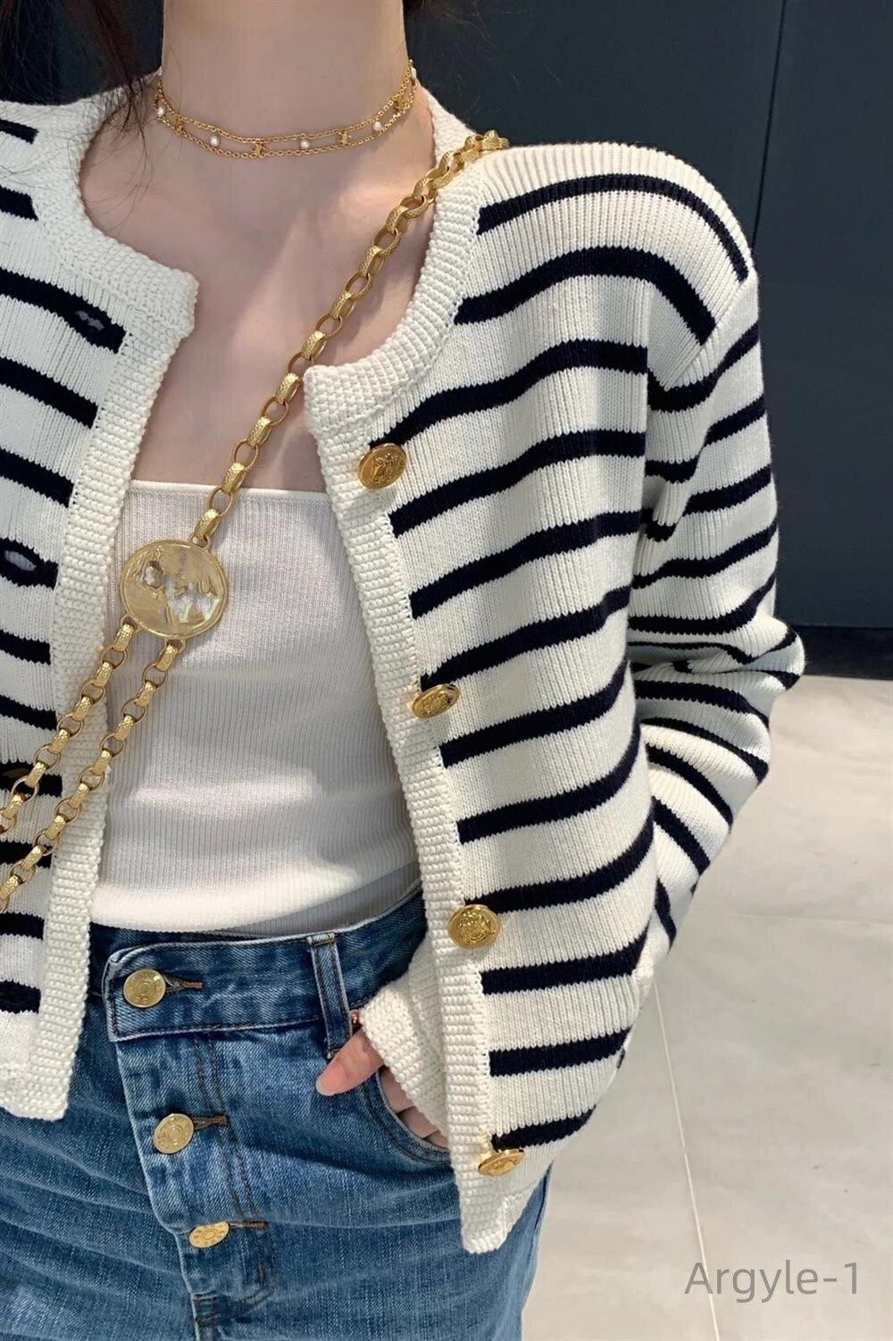 【送料無料】重ね着 女子会 学校 学生 OL オフィス 秋 春 ボーダー かっちり エレガント ニット ボタン 襟なし Uネック 長袖 ート