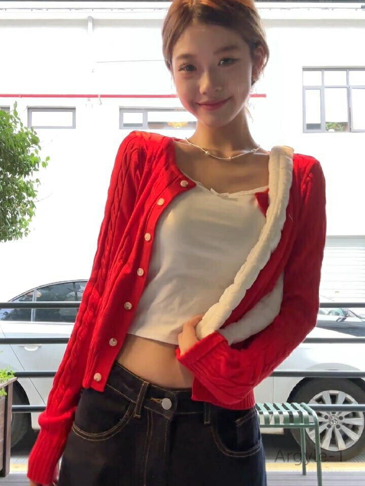 【送料無料】レッド 重ね着 秋 春 無地 ガーリー ラフ カジュアル 大人可愛い ニット 前開き フェミニン 襟なし ラウンドネック 袖