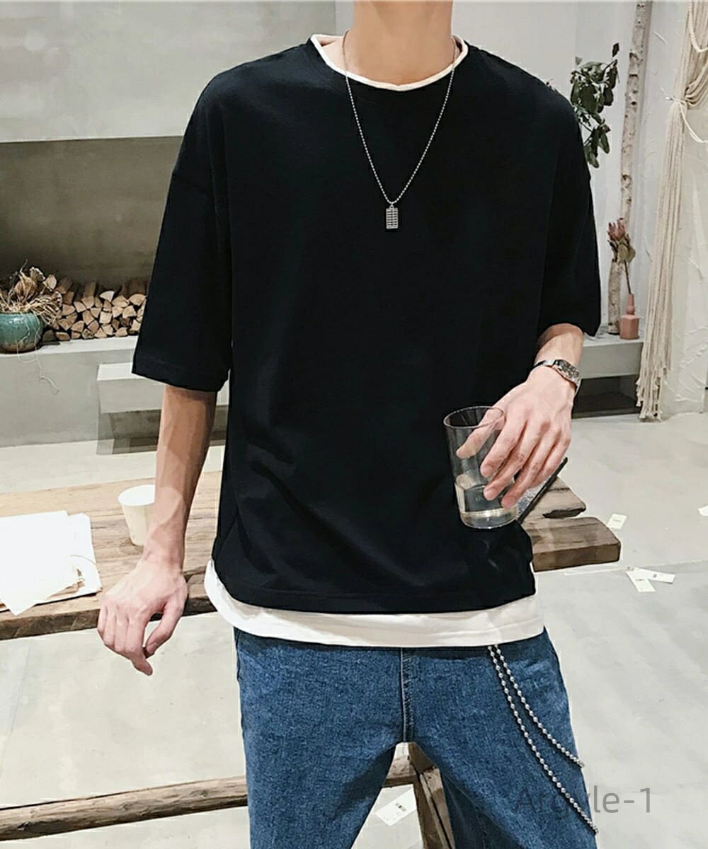 【送料無料】大人カジュアル 切り替えTシャツ 無地 韓国ファッション 重ね着トップス 半袖tシャツ オーバーサイズ カットソー
