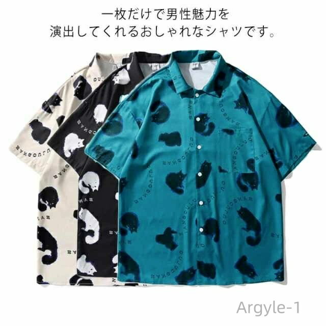 【送料無料】普段着 薄手 体型カバー 猫柄 大きいサイズ ストリート シャツ 夏物 プリント 半袖 トップス ゆったり レディース メンズ