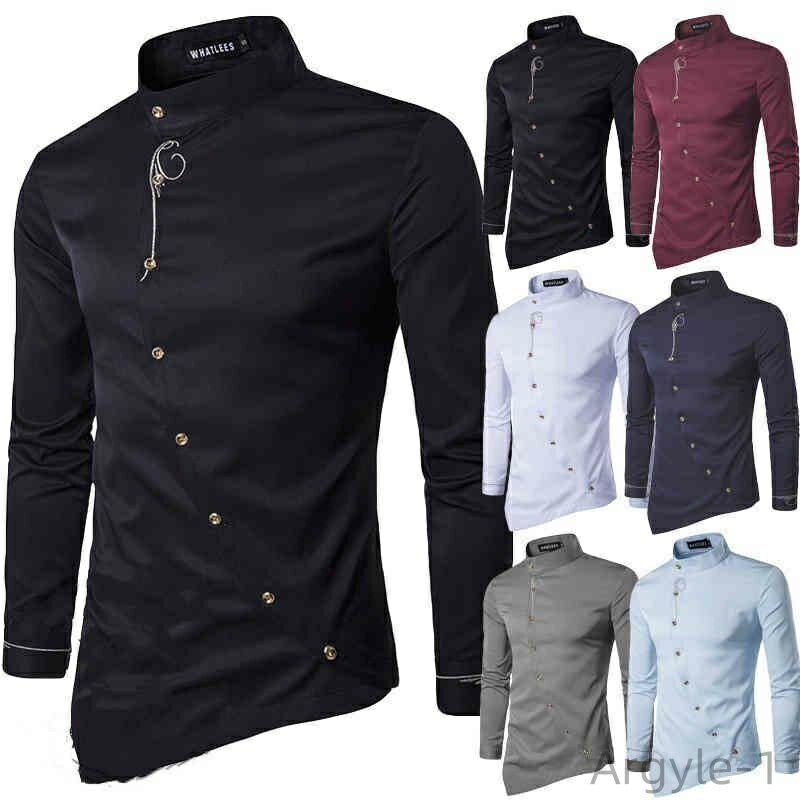 【送料無料】春秋 カジュアル スタンドカラーシャツ トップス ワイシャツ メンズ 長袖 無地