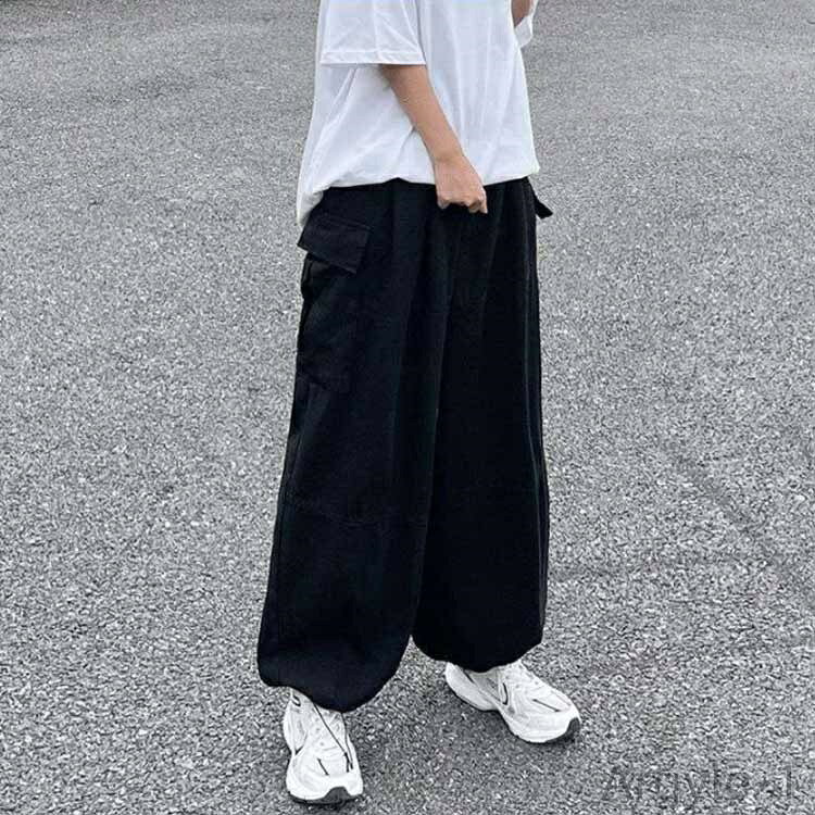 【送料無料】ビッグシルエット 超ワイド 長ズボン 秋 春 カジュアル 無地 大きいポケット ロングパンツ ゆったり メンズ ワイドパンツ