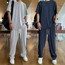 【送料無料】ゆったり 部屋着 ルームウェア カジュアル 夏物 無地 スポーツ 接触冷感 2点セット ストレッチ半袖 ドレープ Tシャツ メンズ