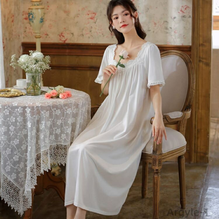 【送料無料】ネグリジェ 春夏 半袖ネグリジェ 姫風ワンピース 白レース ロング丈 ネグリジェ ナイトロープ ルームウェア レションパジャマ