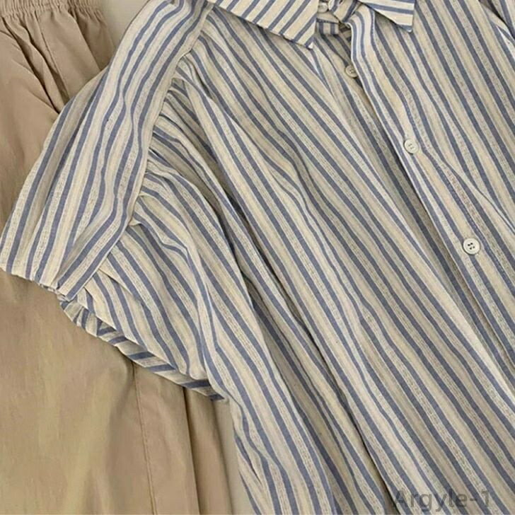 【送料無料】ブラウス 半袖 ストライプ シャツ レディース トップス カットソー スキッパー シャツ カジュアル オフィス フレンチスリーブ(4)