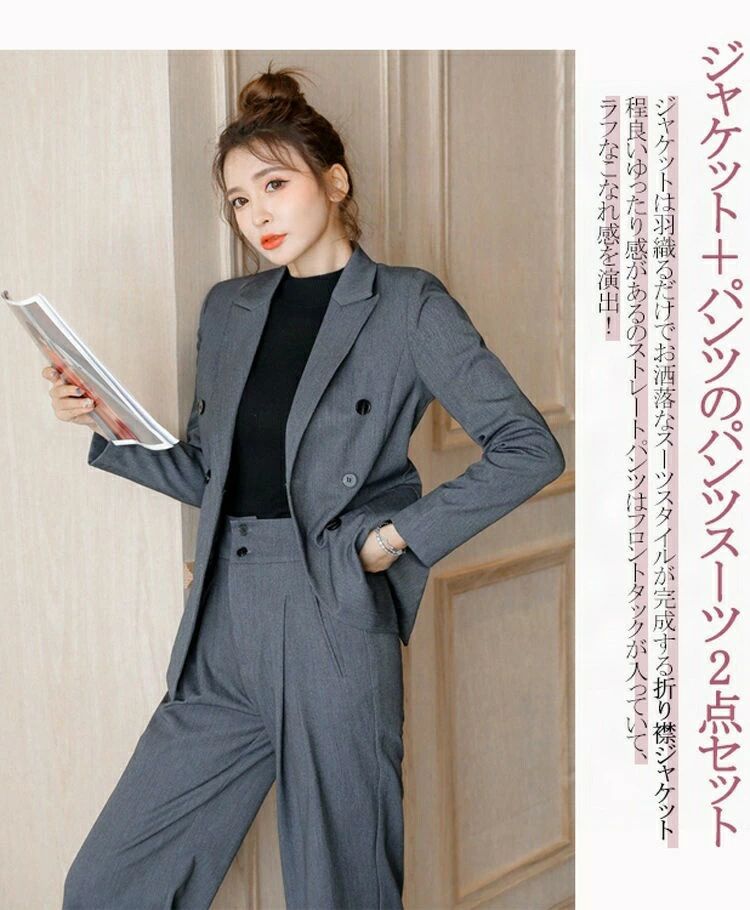 Suits For Job Interviews - パンツスーツ セットアップ スーツジャケット トップス ワイドパンツ パンツ ワイド 冬 スーツ 春 40代 折り襟 ポケット付き 羽織り 全開 長袖 ビジネススーツ 2点セット ゆったり ギャザー スタイルアップ セレモニー 卒業式 二次会 七五三