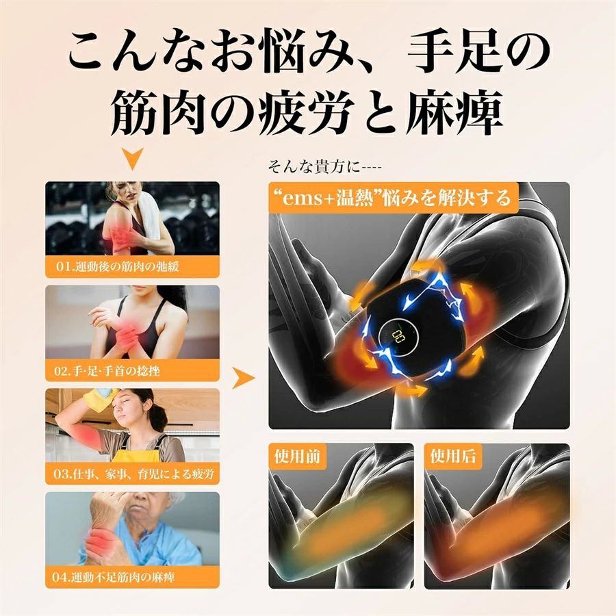 EMS 足【ヒーター機能+シリコン製 新登場】すべての手足に使用可能 延長ストラップ付き【8種モード&20段階レベル&3段 3