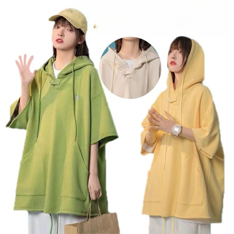 乐天商城 - ワッフルtシャツ レディース 半袖 ビッグT ワッフル 夏服 フード付き 大きいサイズ 五分袖パーカー ゆったり 体型カバー Tシャツ パーカー プルオーバー トップス L XL 4X 3XL 2XL