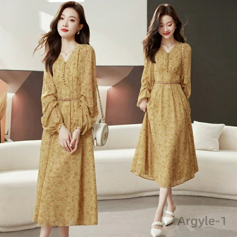 【送料無料】ロングワンピース レディース 花柄 Aライン シフォンワンピース ロング丈 Vネック 長袖 ゆったり マキシ丈 体型カバー きれいめ