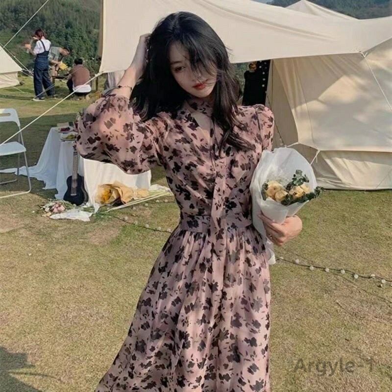 【送料無料】ロングワンピース レディース 花柄 Aライン シフォンワンピース ロング丈 長袖 ゆったり マキシ丈 体型カバー きれいめ 着痩せ