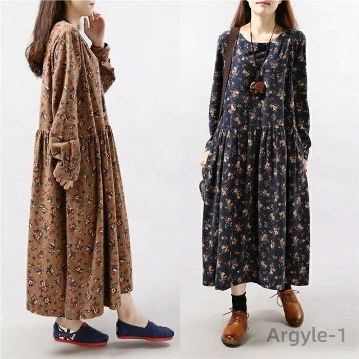【送料無料】秋 長袖 ロングワンピース レディース ロング丈 綿 コットン 大きいサイズ 体型カバー ロングワンピ 総柄 花柄 ミモレ ゆったり
