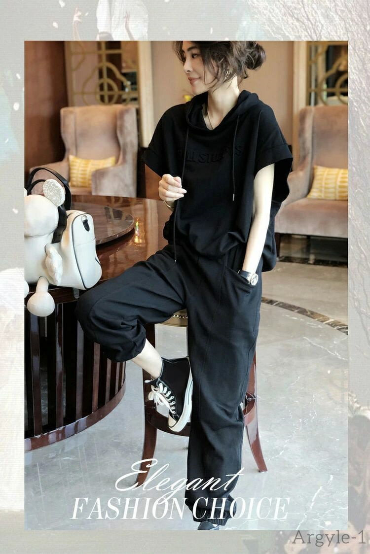 【送料無料】レディース 春夏 半袖 綿 韓国風 スウェットセット パーカーセット フード付き 2点セット ロングパンツ 運動着 部屋着 カジュア