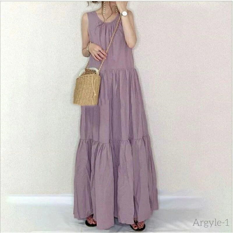 【送料無料】レディース マキシワンピース 無地 ゆったり Aライン ロングワンピース きれいめ 上品 紫 ノースリーブ ギャザーワンピース