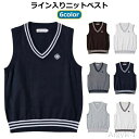 【送料無料】ベスト ライン入り スクールベスト 高校 Vネック 制服 高校生 学校 中学 レディース 学生服 ショート丈 スクール ニット 重ね着