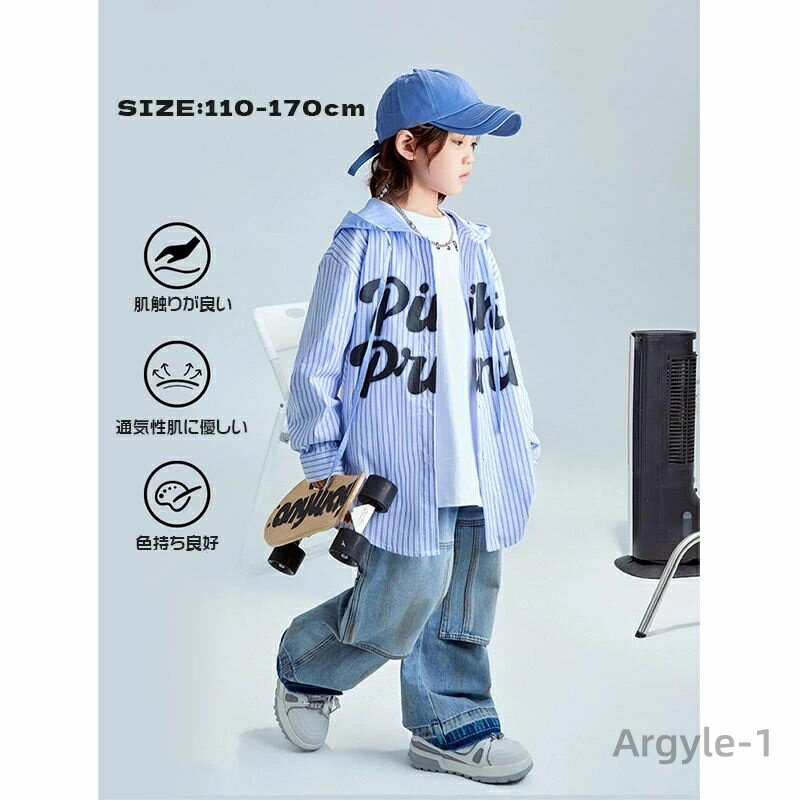 【送料無料】シャツ フード付き 親子ペア 韓国風 春秋新作 中大児 ストライプ 男の子 女の子兼用 カジュアル 羽織り 綿混 ゆったり 通学 お