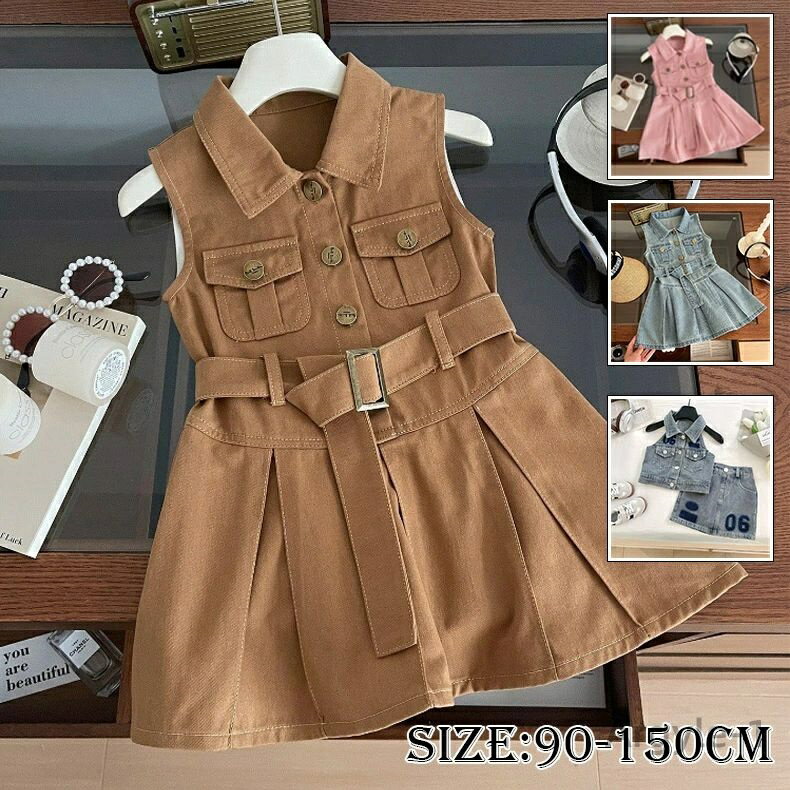 【送料無料】デニムワンピース ノースリーブ シャツワンピース セットアップ キッズ トップス スカート 2点セット 韓国風 カジュアル ガール