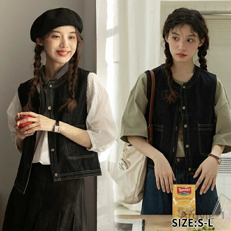 【送料無料】レディース 春新作 ノースリーブトップス ジレ アウター 羽織り ゆったりシルエット ヴィンテージ風 カジュアルスタイル 体型カ