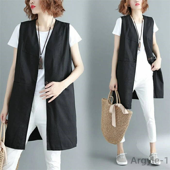 【送料無料】プス アウター ノースリーブ 綿麻 着痩せ 無地 おしゃれ 体型カバー ゆったり シンプル 20代 30代 40代 50代 ブラック コーヒー