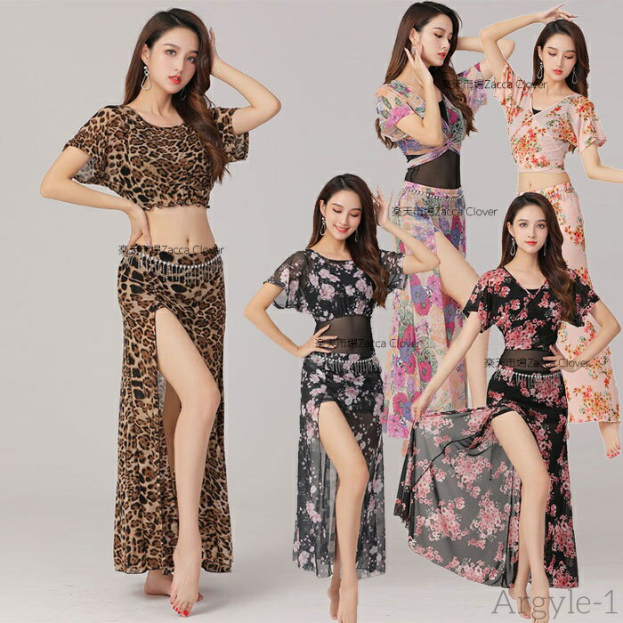 【送料無料】ベリーダンス 衣装 セットアップ レッスン着 可愛い ヒョウ柄 花柄 ストレッチメッシュ 半袖 Vネック へそ出し ショット丈 トップス スリット入...