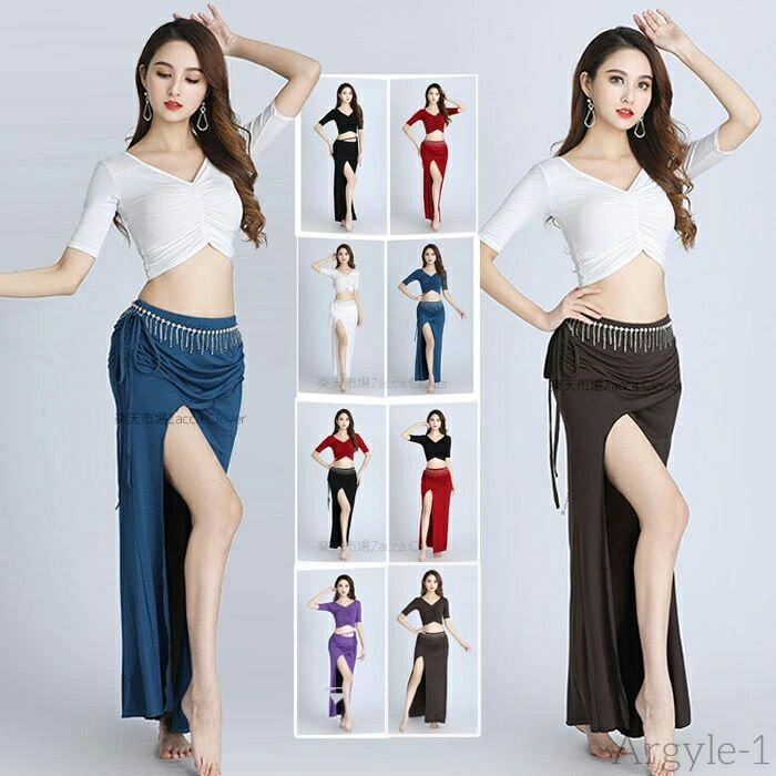 【送料無料】ベリーダンス 衣装 セットアップ レッスン着 無地 動きやすい ストレッチ生地 半袖 5分袖 へそ出し タイト ショット丈 トップス Vネック ロン...