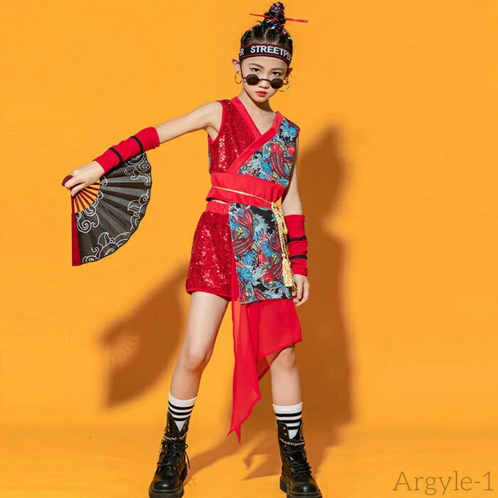 【送料無料】キッズ 子供用 ダンス 衣装 セットアップ(トップス+パンツ+手袋+ベルト) ヒップホップ ジャズ ダンス衣装 レッド チャイナ風 ダンス衣装 女の...