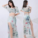 【送料無料】ベリーダンス 衣装 セット レッスン着 セットアップ おしゃれ 花柄 スリットオーバー スカート ロング丈 メッシュ 花柄 プリント ダンス衣装 ス...