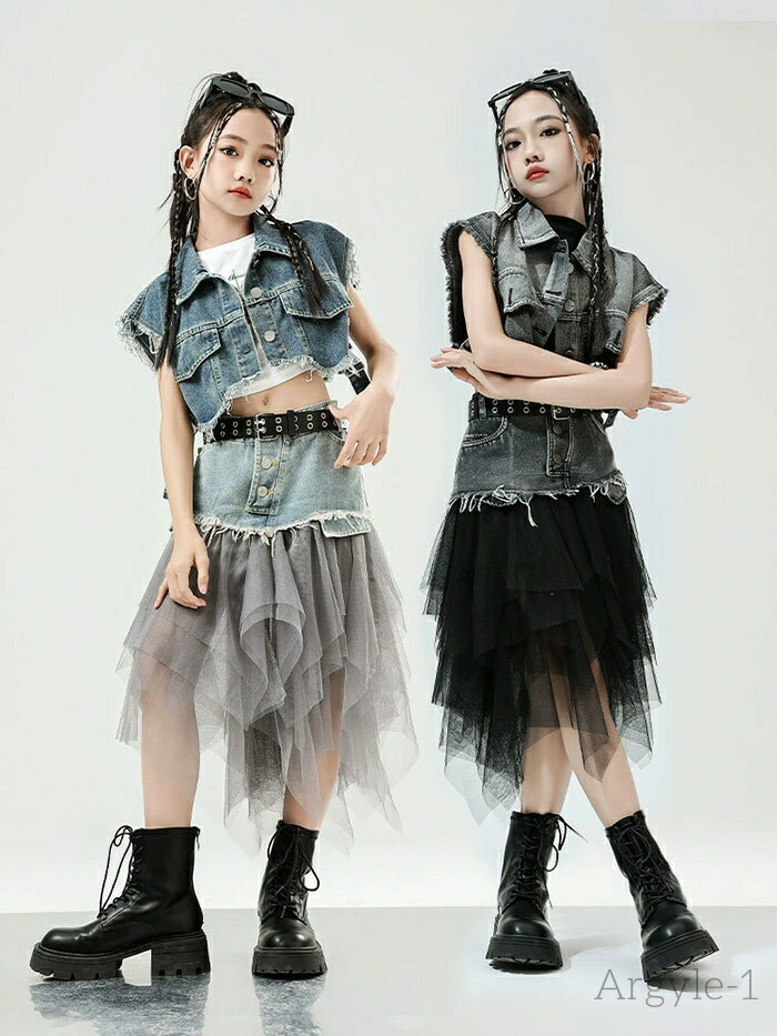 【送料無料】ダンス衣装 キッズ 子供用 ヒップホップ セットアップ デニム ショット トップス へそ出し メッシュ デニムスカート おしゃれ 女の子 ジャズ ダ...