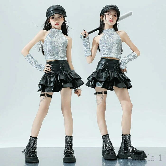 【送料無料】キッズ 子供用 ダンス衣装 ヒップホップ セットアップ スパンコール ショット丈 トップス 黒 ミニスカート 女の子 ジャズ ダンス 衣装 ジュニア...