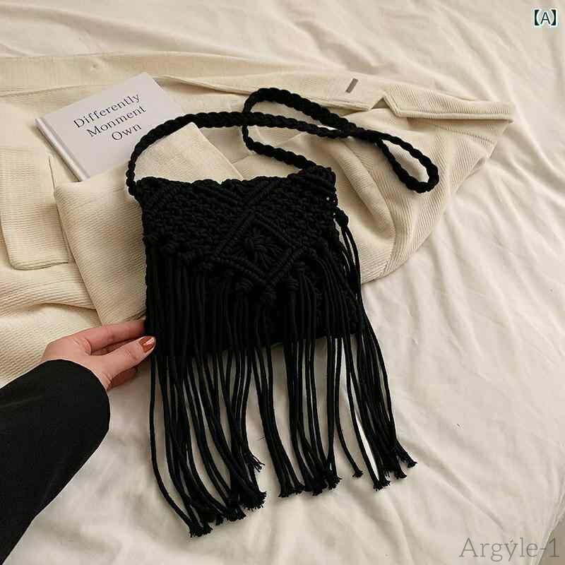 【送料無料】レディース バッグ 普段使い エスニック レトロ ボヘミアン タッセル コットン 編組 海辺 旅行 休暇 ビーチ クロス ボディバッグ