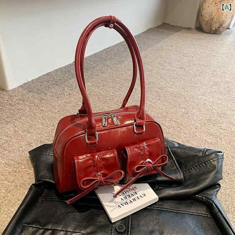 【送料無料】レディース バッグ 普段使い ハンドバッグ 春 光沢 プリーツ リボン リング シンプル ショルダー