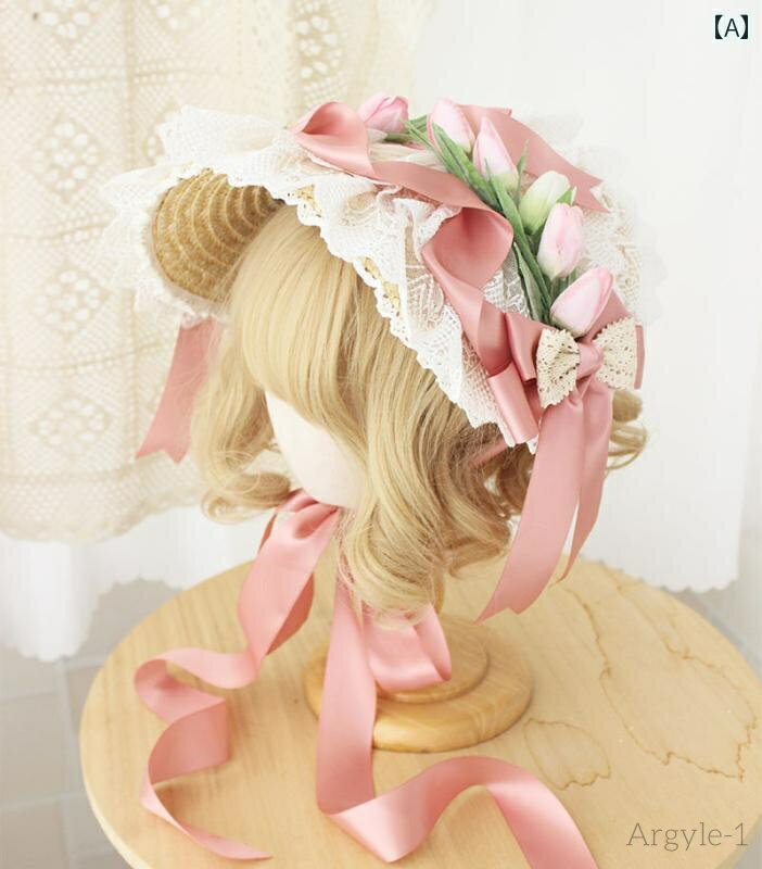 【送料無料】レディース 帽子 ロリータ かわいい ガーリー コスプレ 漢 陽 折衷 リボン チューリップ 花 レース リボン 少女 フラット ヘア アクセサリー
