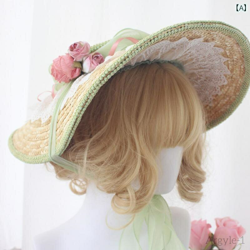 【送料無料】レディース 帽子 ロリータ かわいい ガーリー コスプレ 特大 つば フラット ピンク 緑 ストロー リボン