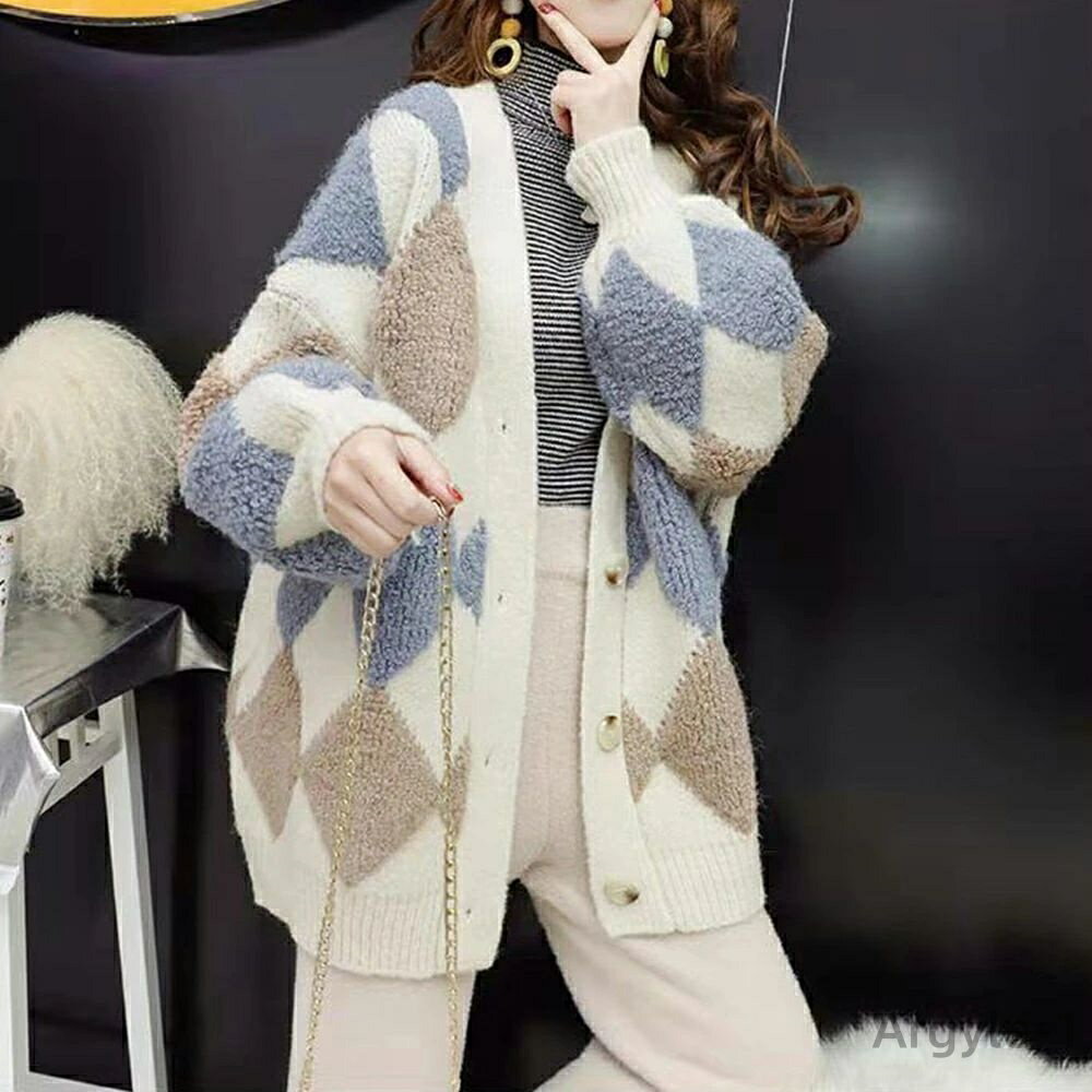 【送料無料】カジュアル お洒落カーデ 体型カバー羽織 長袖ニットソー 中厚手 vネック ニットアウター アーガイル柄