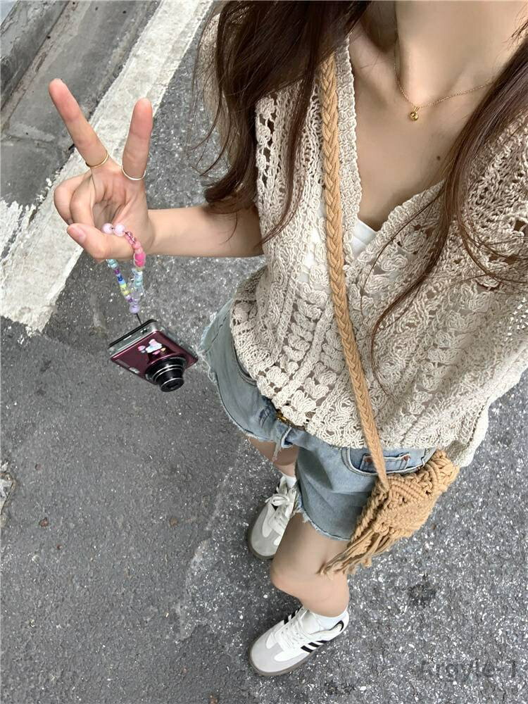 【送料無料】クロシェ 切り替えデザイン 襟なし Vネック ノースリーブ 袖なし ショート丈 ショート デート サマーニット ベスト レディース