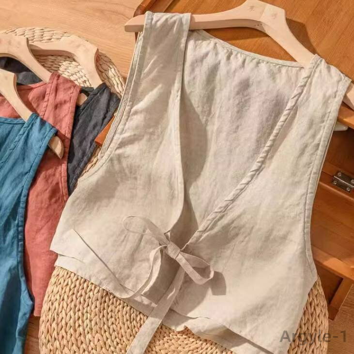 【送料無料】きれいめ 大人可愛い かわいい リネン 薄手 リボン Vネック ノースリーブ 袖なし ショート 前開き 羽織 ベスト レディース