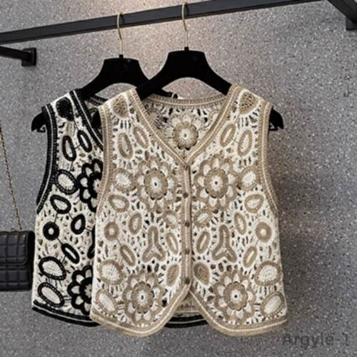 【送料無料】フラワー 花柄 アプリコット カラバリあり 編み込み 前開き 襟なし Vネック 袖なし 普通丈トップス 秋 春 レディース トップス