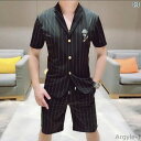 【送料無料】セットアップ メンズ 夏 半袖 薄手 シャツ シングルブレスト スリムフィット ハーフパンツ 大きめサイズ ストライプ 黒 刺? おしゃれ