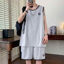 【送料無料】スポーツウェア メンズ セットアップ 夏 接触冷感 通気性 ゆったり 薄手 丸首 ポリエステル タンクトップ 短パン ランニング バスケットボール ...