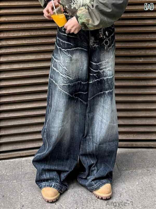 【送料無料】デニムパンツ メンズ アメリカンヴィンテージ アメカジ レトロ ウォッシュ加工 ユーズド加工 稲妻柄 サンダー柄 ゆったり ワイドストレート フルレングス ハイストリート