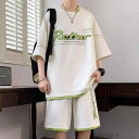 【送料無料】セットアップ メンズ 五分袖 Tシャツ ショートパンツ ゆったり大きめ カジュアル スポーツ 普段着 部屋着 夏 黒 白 カーキ 2点セット