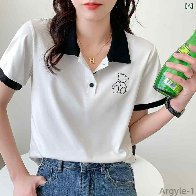 【送料無料】ポロシャツ レディース 半袖 tシャツ 夏 ショート 刺繍 コットントップス ホワイト ピンク ベージュ