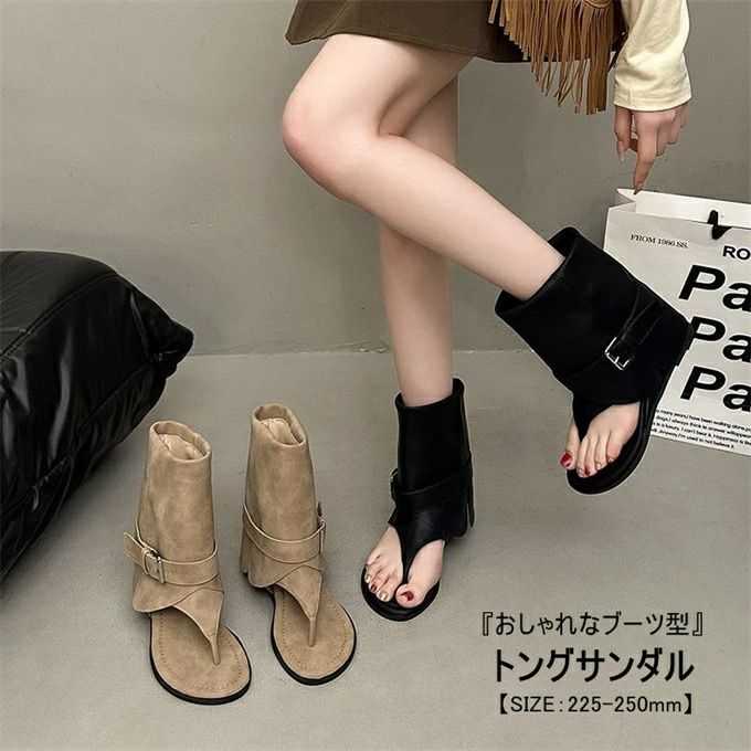 Tongs - トングサンダル レディース サンダル ラウンドトゥ ウェッジソール インヒール 夏ブーツ 靴 シューズ サイドベルト バックル スエード調 歩きやすい 滑りにくい 疲れない 外履き お出かけ 通勤 デート きれいめ カジュアル コーデ 夏用 送料無料