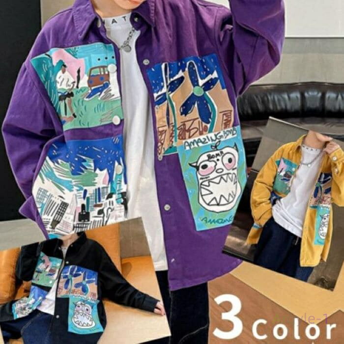 フォトプリント シャツ キッズ 男の子 厚手 カジュアルシャツ 秋春 長袖 トップス カジュアル 韓国 14404