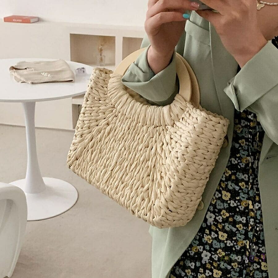 レディース ウッドハンドル スクエア かごバッグ 夏 おしゃれ かばん トートバッグ 11419