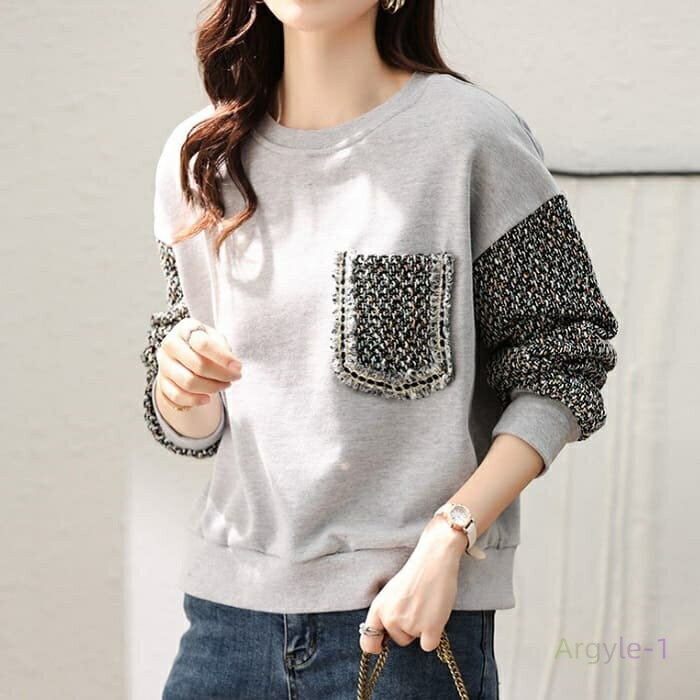 トレーナー レディース プルオーバー 切り替えデザイン ラウンドネック 胸ポケット カジュアル 40代 50代 60代 オシャレ 13406