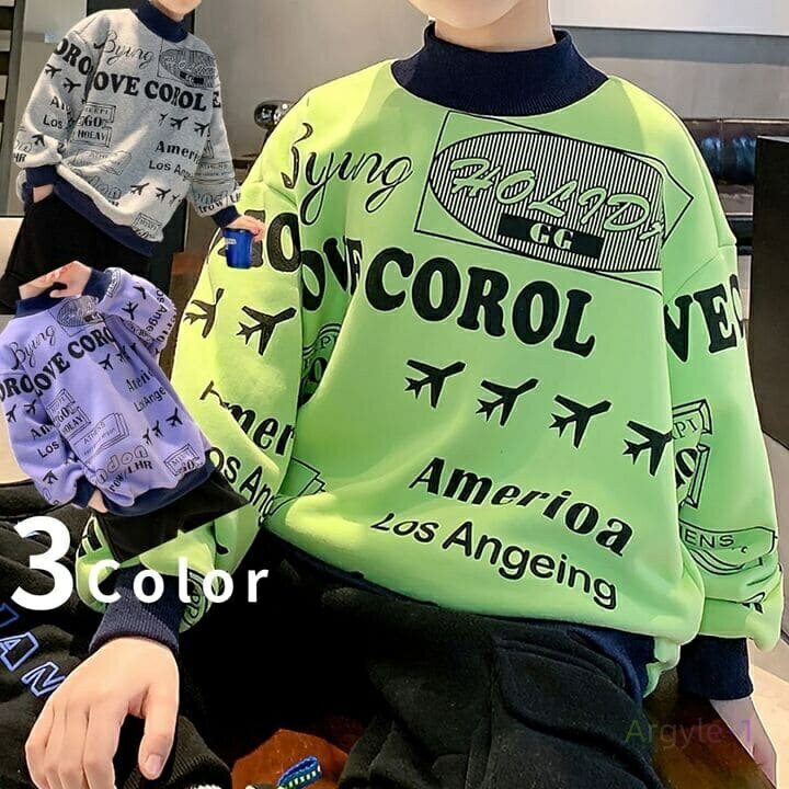 裏起毛 トレーナー キッズ 男の子 ハイネック ロゴ プルオーバー 秋冬春 長袖 トップス 韓国 14316