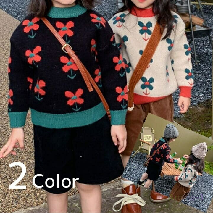 ニット キッズ 女の子 セーター フラワー プルオーバー マルチカラー ハイネック 秋冬春 長袖 トップス 韓国 おしゃれ 13668