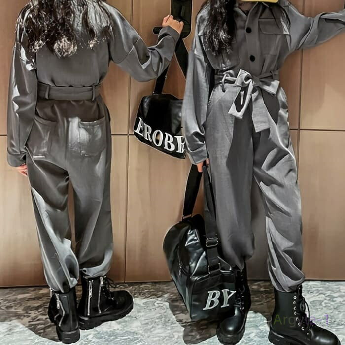 ース つなぎ 長袖 シャツ ハーレムパンツ ウエストリボン 秋春 韓国 ダンス カジュアル ファッション 通学 可愛い コーデ 15780